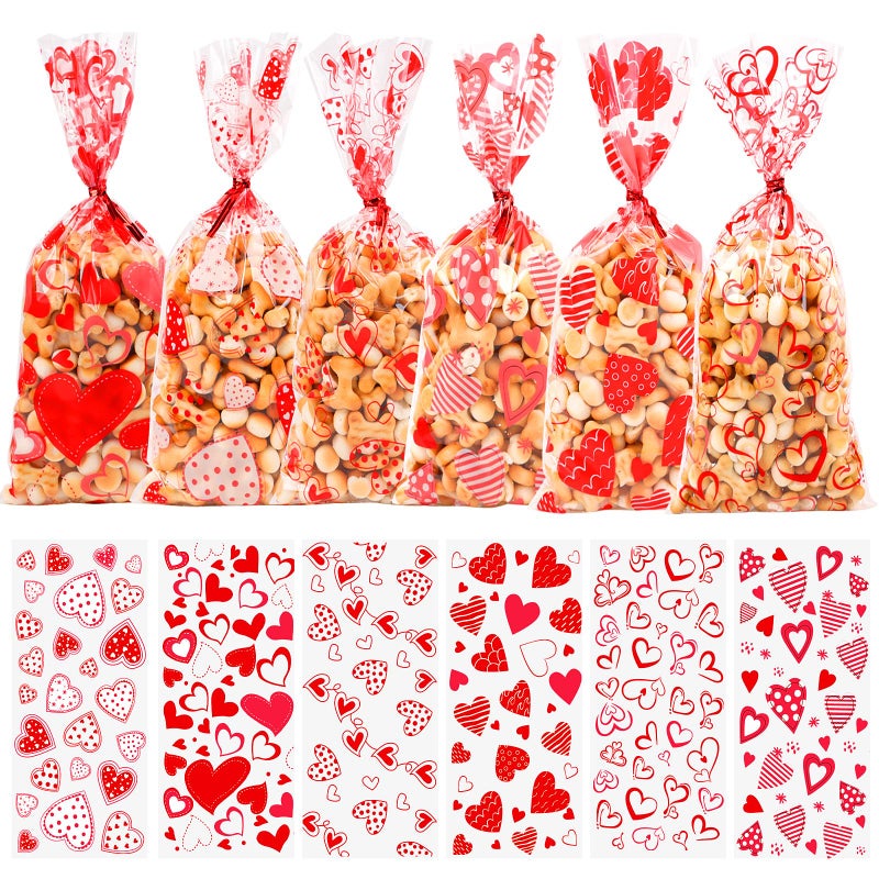 FOIMAS 180pcs Valentine's Day Cellophane Treat Bags,Heart Candy Goodie Bags Cookie Bag with Twisted Ties for Valentines Day Party Supply - Image 1
