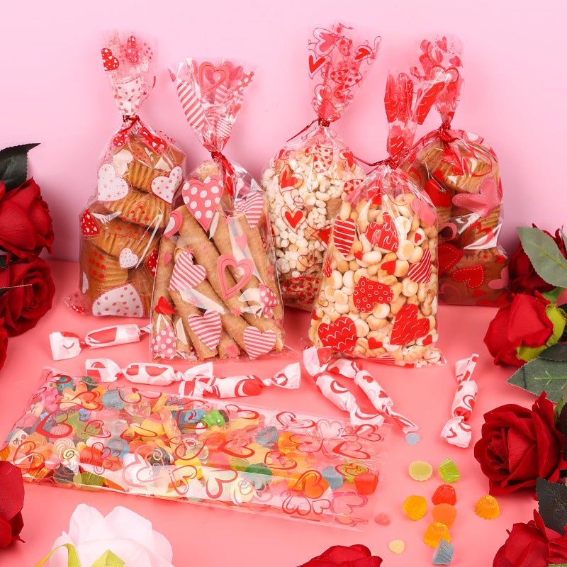 FOIMAS 180pcs Valentine's Day Cellophane Treat Bags,Heart Candy Goodie Bags Cookie Bag with Twisted Ties for Valentines Day Party Supply - Image 4