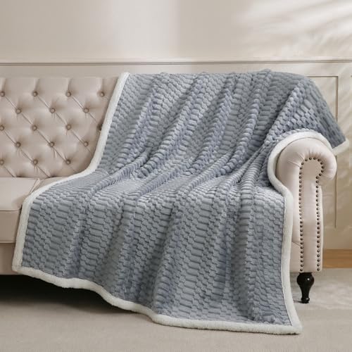 Gracelife Sherpa Throw Blanket for Couch Flannel Cozy Soft Thick Blanket Warm Twin Blanket for Bed Fleece Home Decor Gifts, Z01 - Grey Blue, 60"*80" - Image 2