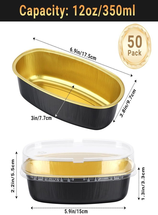 Beasea Mini Loaf Pans With Lids, 6 Inch 50 Pack Oval Cake Pan, Black Golden Disposable Baking Cups, Ellipse Cheesecake Pan Aluminum Pans for Meat Bakeware Oven Baking - Image 2