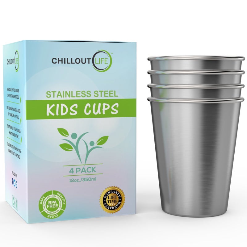 تشيل أوت لايف Stainless Steel Cups for Kids and Adult 12 oz – Metal Kids Cups stackable for Home  Outdoor Activities, BPA Free Healthy Unbreakable Premium Metal Drinking Pint Glasses (4-Pack) - Image 1