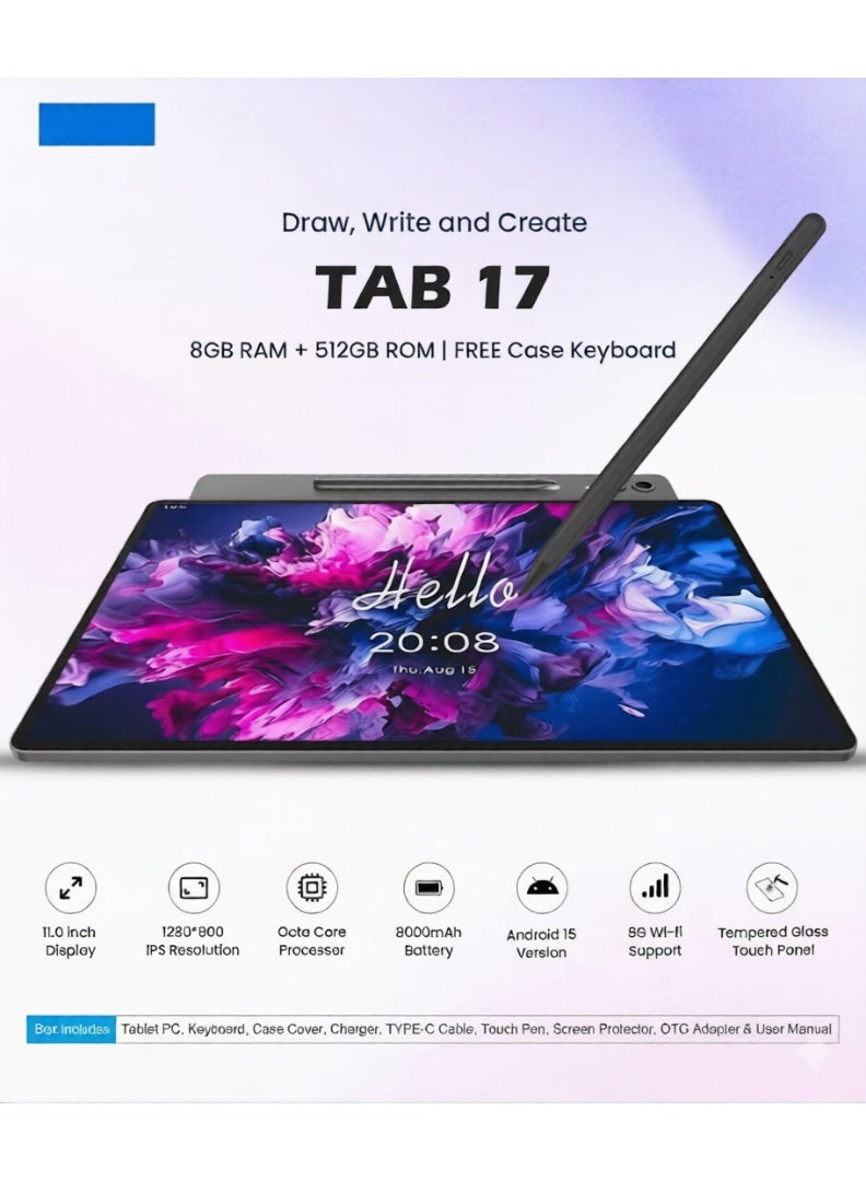 DMARQA TAB 17 Android Tablet, 11-inch Display, 8GB RAM, 512GB Storage, 8000mAh Battery, 5G Wi-Fi, with Keyboard Case & Stylus - Image 3