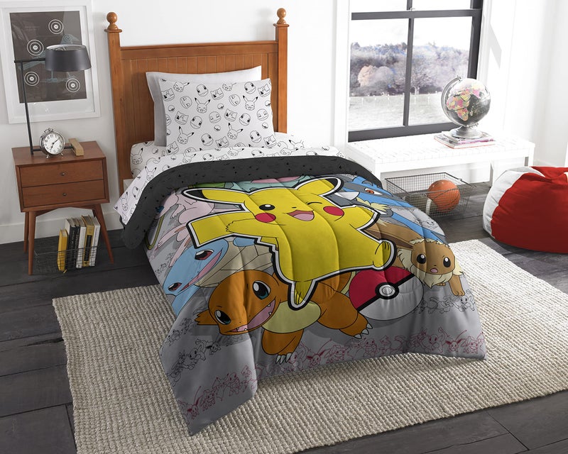 Northwest Northwest Pokemon Twin Sized Bed in a Bag Set Pikachu Squirtle Eevee Charmander Anime Bedding for Girls Boys Battle Squad 