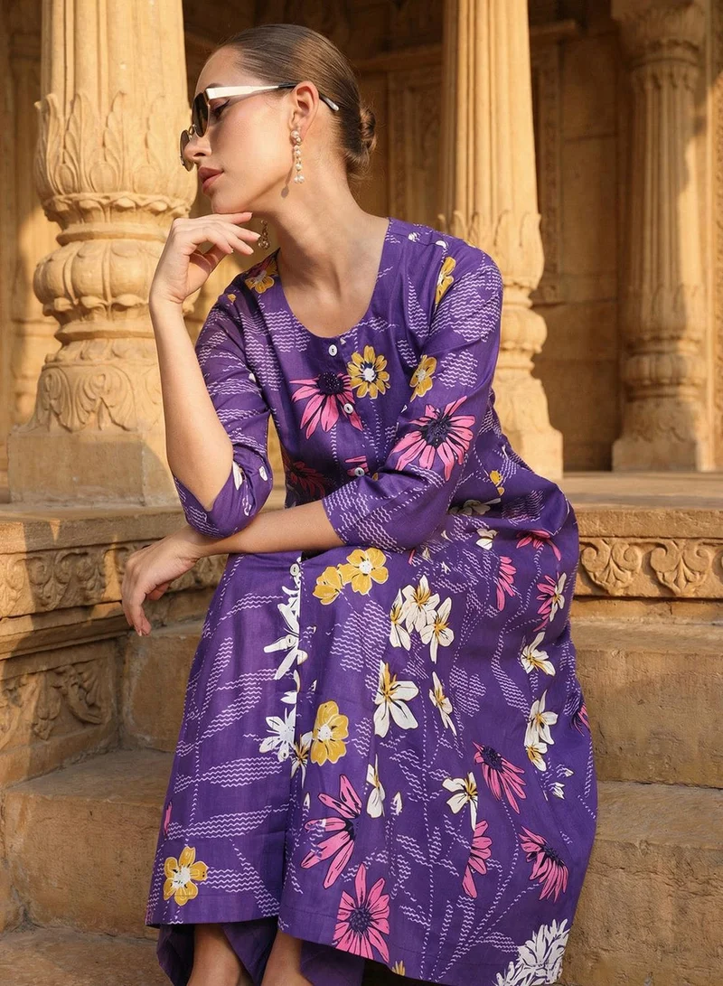 ISHIN  Purple 100% Cotton Printed Relaxed A-Line Tunic & Full Length Palazzo Kurta Set For Women for Women | Best Price UAE