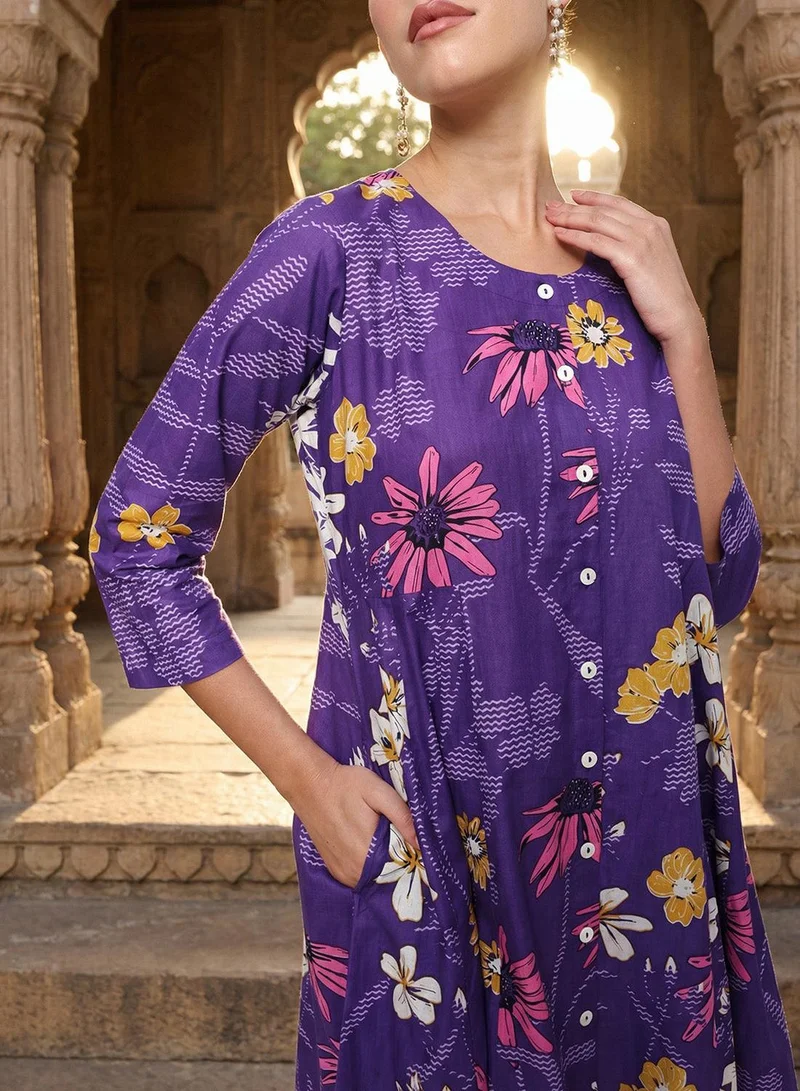 ISHIN  Purple 100% Cotton Printed Relaxed A-Line Tunic & Full Length Palazzo Kurta Set For Women for Women | Best Price UAE