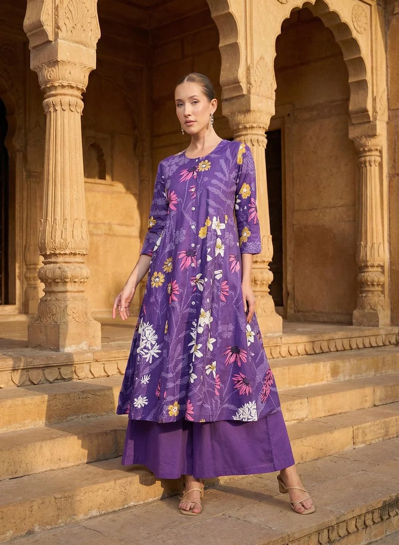 ISHIN Purple 100% Cotton Printed Relaxed A-Line Tunic & Full Length Palazzo Kurta Set For Women