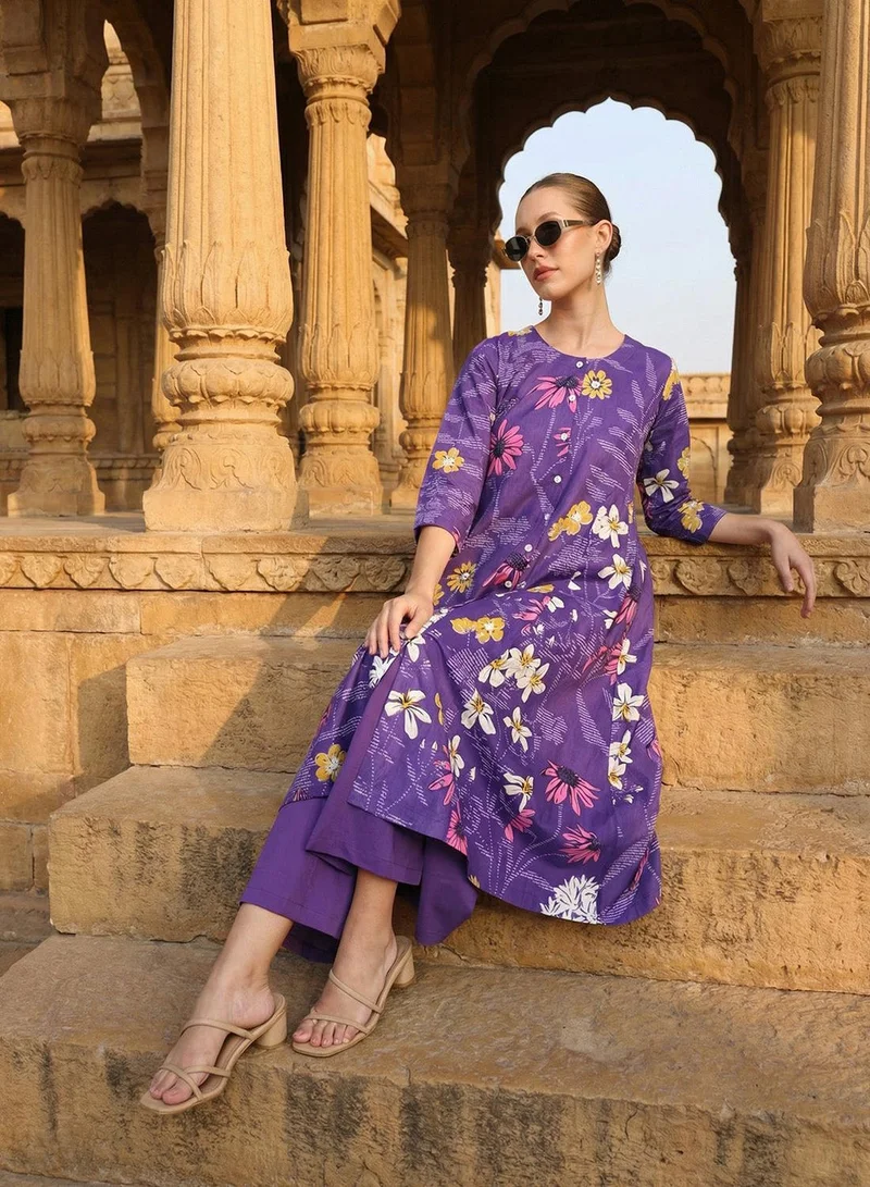 ISHIN  Purple 100% Cotton Printed Relaxed A-Line Tunic & Full Length Palazzo Kurta Set For Women for Women | Best Price UAE