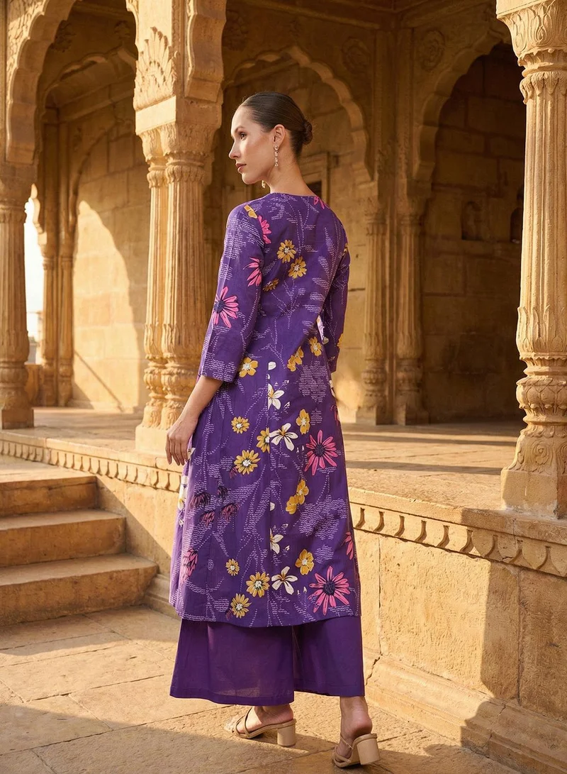 ISHIN Purple 100% Cotton Printed Relaxed A-Line Tunic & Full Length Palazzo Kurta Set For Women