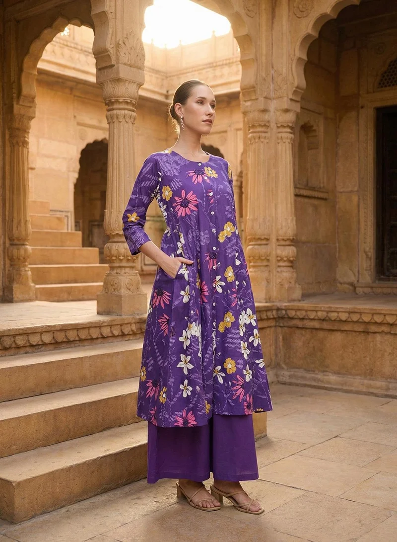 ISHIN  Purple 100% Cotton Printed Relaxed A-Line Tunic & Full Length Palazzo Kurta Set For Women for Women | Best Price UAE