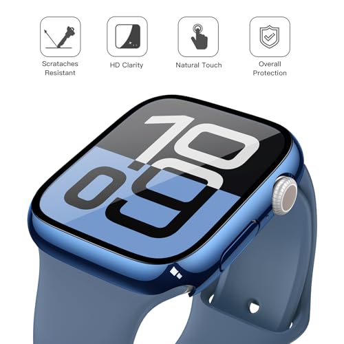 Misxi 2 Pack Tempered Glass Case Compatible for Apple Watch Series 11 (2025) Series 10 46mm, Hard PC Screen Protector Overall Protection Scratch-Resistant Cover for iWatch, 1 Blue + 1 Transparent - Image 3