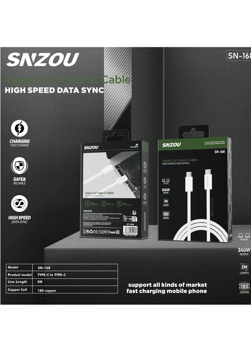 SNZOU Snzou UltraFast 240W Type-C to Type-C Cable The SN-168 Data Cable delivers ultra-fast 240W charging with high-speed data synchronization. Designed with 180 copper core reinforcement, it ensures durability and stable power delivery. - Image 4