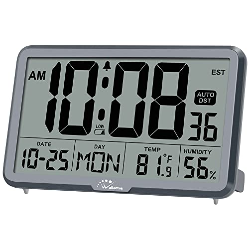 WallarGe Auto Set Digital Wall Clock Battery Operated, Desk Clocks with Temperature, Humidity and Date, Large Display Digital Calendar Alarm Clock for Elderly, Bedroom, Office, 8 Time Zone, Auto DST. - Image 1