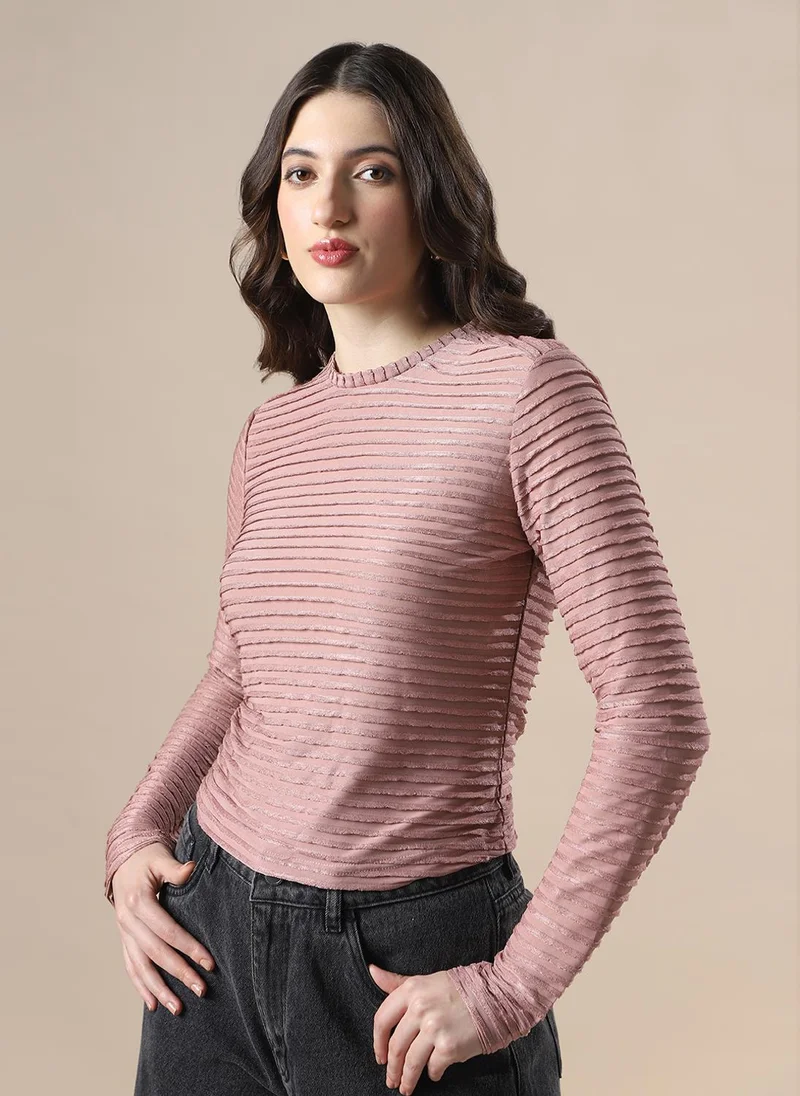 globus Globus Women Pink Self Design High Neck Full Sleeves Knitted Top