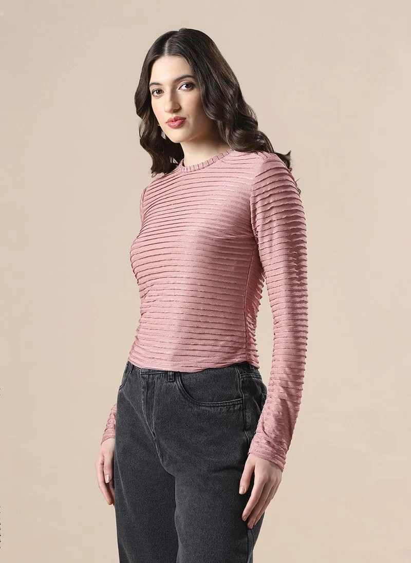 globus Globus Women Pink Self Design High Neck Full Sleeves Knitted Top