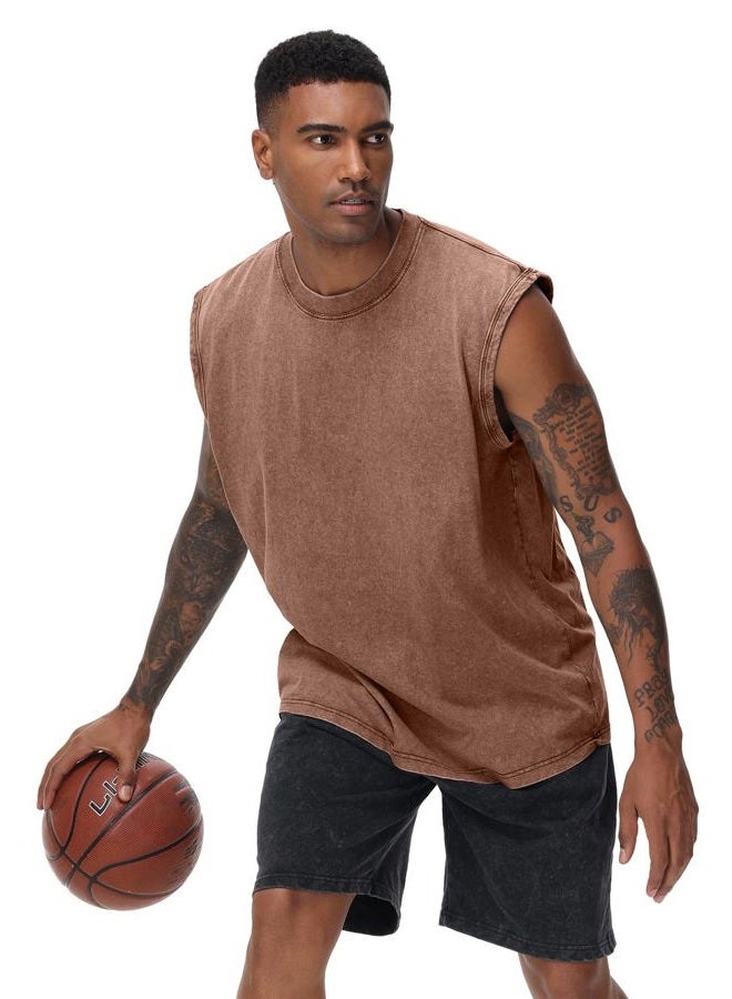 SnowElve Mens Workout Tank Tops Sleeveless Tee Shirts Men Muscle Shirt Gym Acid Wash T Shirts Running Beach Loose Fit Tee, Black+grey+coffee, L - Image 3