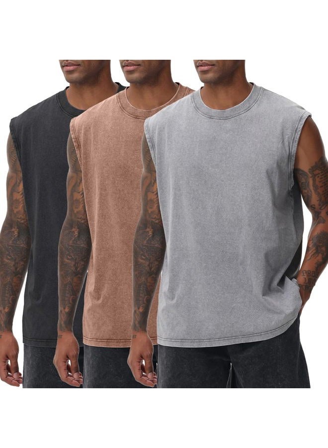SnowElve Mens Workout Tank Tops Sleeveless Tee Shirts Men Muscle Shirt Gym Acid Wash T Shirts Running Beach Loose Fit Tee, Black+grey+coffee, L - Image 1