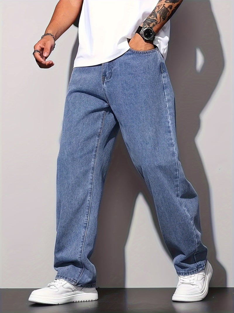 2025 New Men's Casual Wide-Leg Jeans - Cotton Blend\u002FMachine Washable, All-Season Comfort, Solid Color, 380g\u002Fm² High-End Denim Fabric - Image 2