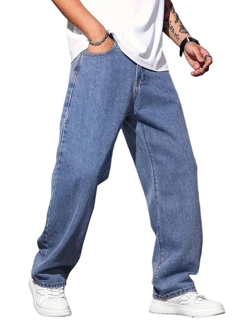 2025 New Men's Casual Wide-Leg Jeans - Cotton Blend\u002FMachine Washable, All-Season Comfort, Solid Color, 380g\u002Fm² High-End Denim Fabric - Image 1