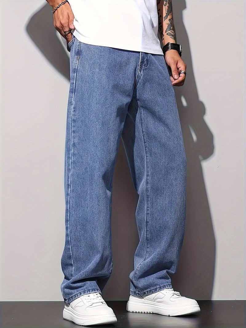 2025 New Men's Casual Wide-Leg Jeans - Cotton Blend\u002FMachine Washable, All-Season Comfort, Solid Color, 380g\u002Fm² High-End Denim Fabric - Image 3