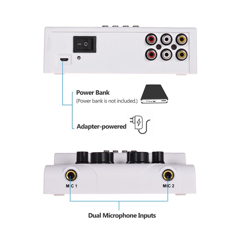 MF-8 Mini Audio Mixer — Stereo Echo Mixing Console featuring dual microphone inputs, Bluetooth connectivity, recording capabilities, and MP3 playback functionality; ideal for live streaming and online karaoke applications across TVs, computers, and smartphones. - Image 2