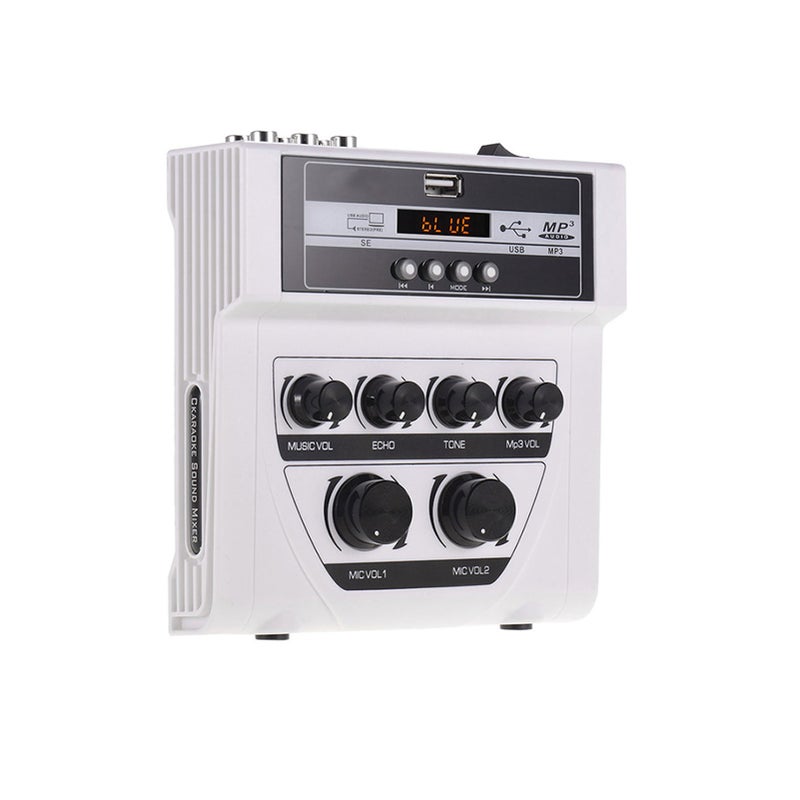MF-8 Mini Audio Mixer — Stereo Echo Mixing Console featuring dual microphone inputs, Bluetooth connectivity, recording capabilities, and MP3 playback functionality; ideal for live streaming and online karaoke applications across TVs, computers, and smartphones. - Image 4