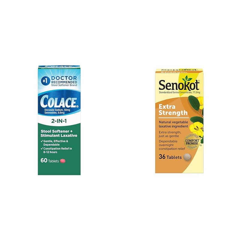 Colace 2in1 Stool Softener Plus Stimulant Laxative for Gentle Effective  Senokot Extra Strength Natural Vegetable Laxative for Gentle Overnight Relief Occasional - Image 1
