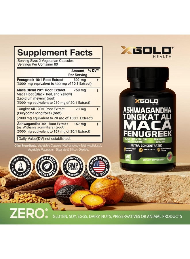 X Gold Health Ashwagandha 5000mg + Tongkat Ali 1000mg + Maca Root 5000mg + Fenugreek 3000mg Supplement | Black + Red + Yellow Maca Root Extract & Fenugreek Herbal Supplements for Men & Women - Made in USA - Image 2