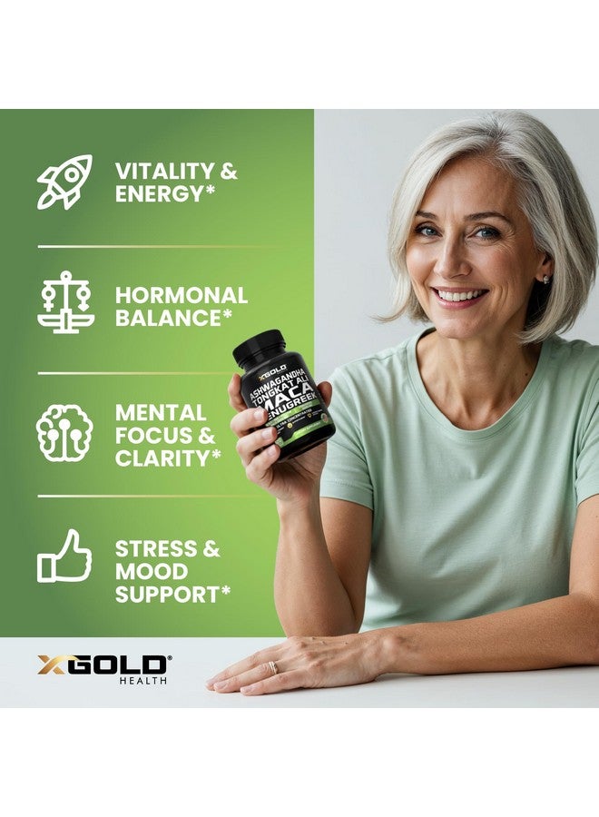 X Gold Health Ashwagandha 5000mg + Tongkat Ali 1000mg + Maca Root 5000mg + Fenugreek 3000mg Supplement | Black + Red + Yellow Maca Root Extract & Fenugreek Herbal Supplements for Men & Women - Made in USA - Image 4