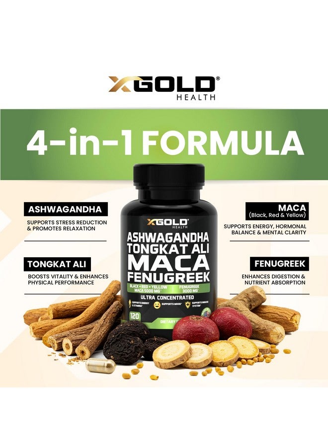 X Gold Health Ashwagandha 5000mg + Tongkat Ali 1000mg + Maca Root 5000mg + Fenugreek 3000mg Supplement | Black + Red + Yellow Maca Root Extract & Fenugreek Herbal Supplements for Men & Women - Made in USA - Image 3