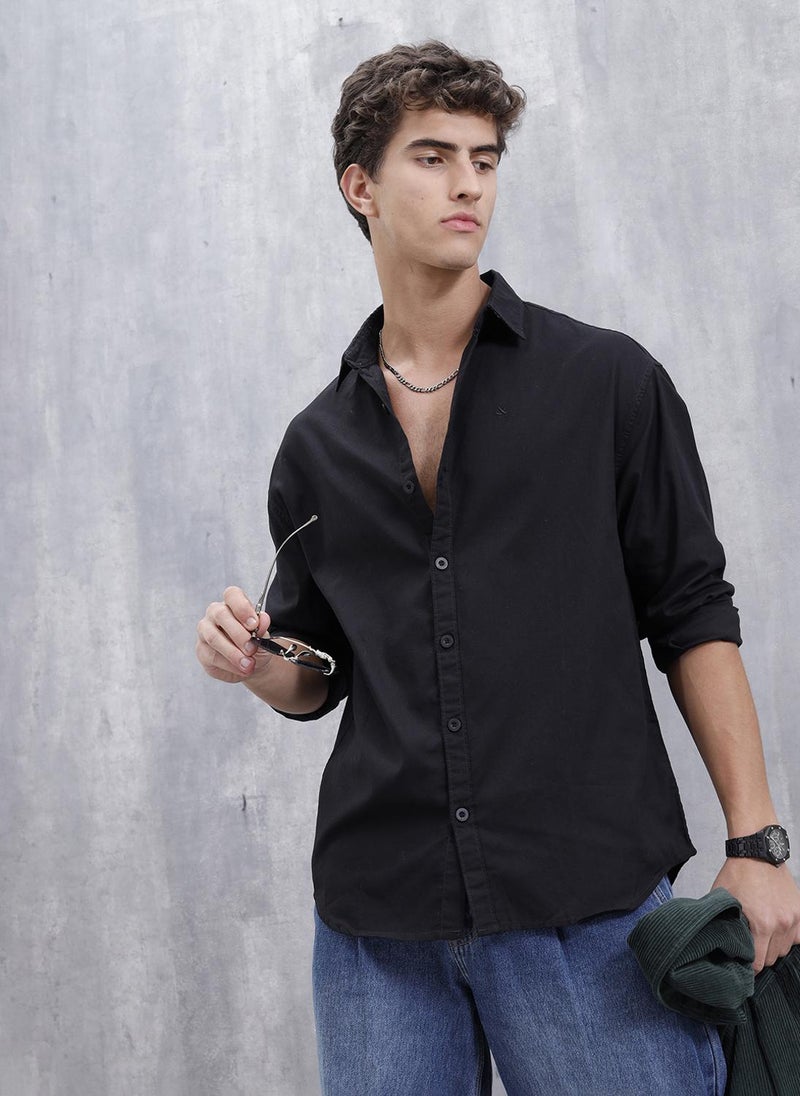 Wrogn Solid Oversized Casual Shirt | Black - Image 4