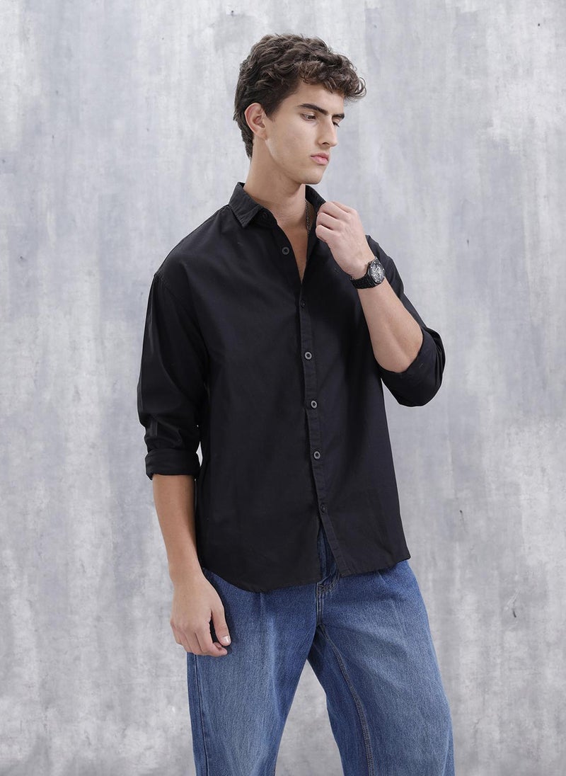 Wrogn Solid Oversized Casual Shirt | Black - Image 1
