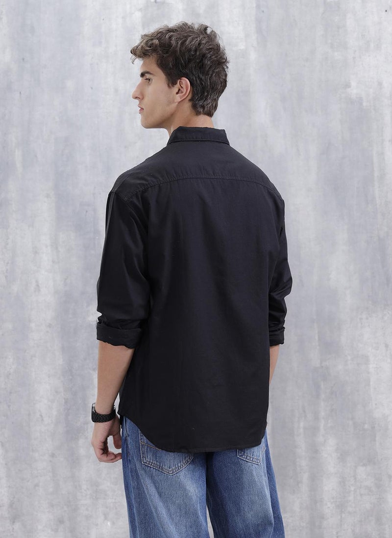 Wrogn Solid Oversized Casual Shirt | Black - Image 3
