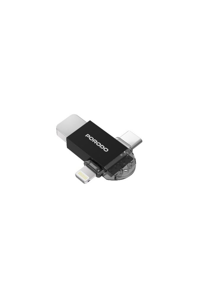 porodo - 3-in-1 OTG Adapter with USB 3.0, Type-C, Lightning Interfaces and High Transfer Speed / Plug & Play / Universal Compatibility - Black - Image 1