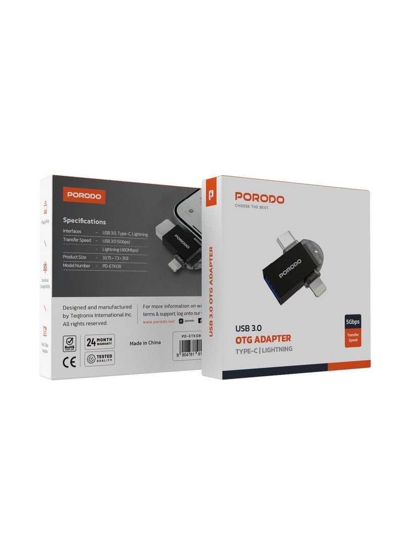 porodo - 3-in-1 OTG Adapter with USB 3.0, Type-C, Lightning Interfaces and High Transfer Speed / Plug & Play / Universal Compatibility - Black - Image 1