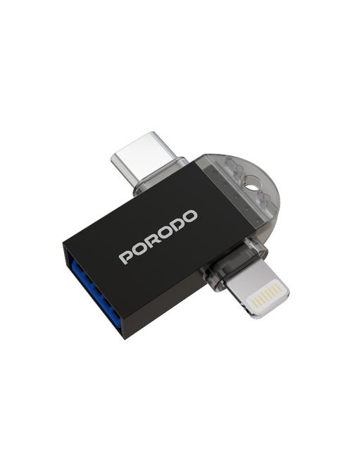 3-in-1 OTG Adapter with USB 3.0, Type-C, Lightning Interfaces and High Transfer Speed / Plug & Play / Universal Compatibility - Black
