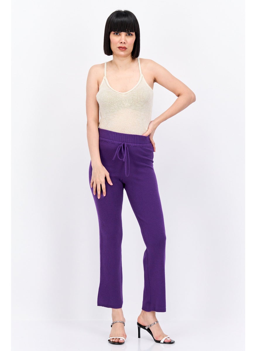 UNDIZ Women Ribbed Drawstring Straight Leg Pants, Purple  - Image 4
