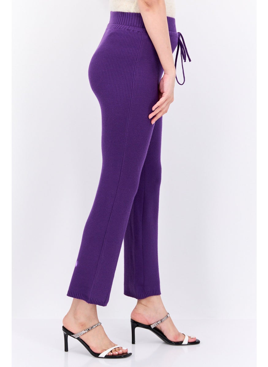 UNDIZ Women Ribbed Drawstring Straight Leg Pants, Purple  - Image 3