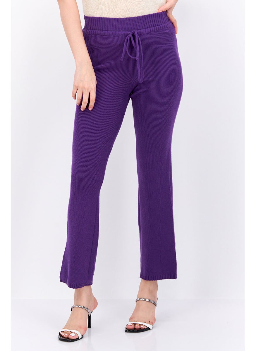 UNDIZ Women Ribbed Drawstring Straight Leg Pants, Purple  - Image 1