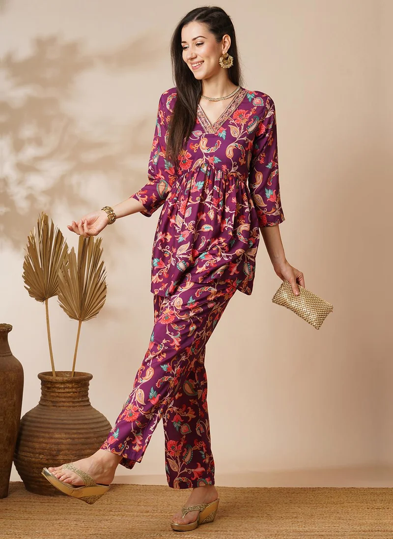 Globus Women Burgundy Embroidered Jaal Print Tassel Detailing A-Line Tunic & Pants Festive Set