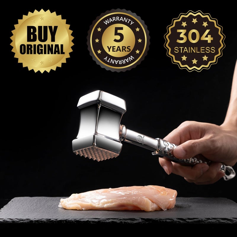 Gourmet Easy مطرقة تطرية اللحم من الفولاذ المقاوم للصدأ، مطرقة لحم فاخرة، مطرقة لحم للمطبخ للدجاج، القواقع، شرائح لحم العجل، لحم البقر وشرائح اللحم، مدق اللحم المسطح، مقبض غير قابل للانزلاق مع ضمان 5 سنوات - Image 2