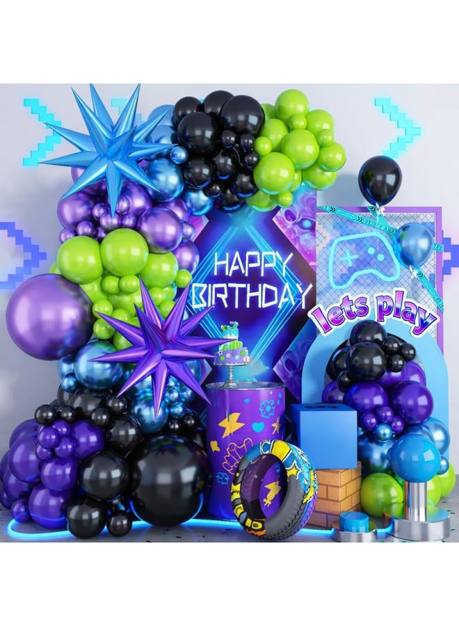 Froova Blue Purple Balloon Garland Arch Kit, 104 PCS Metallic Purple Blue Black and Green Balloons with Star Balloons for Kids Boys Video Game Night Birthday Party Decorations - Image 1