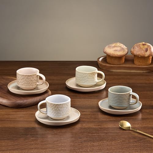 Kook طقم أكواب وصحون إسبريسو من كوك، أكواب وأطباق خزفية بشكل عضوي ريفي وملمس ريش، آمنة في غسالة الصحون والميكروويف، 2.7 أونصة، طقم من 4، ألوان محايدة متعددة - Image 5
