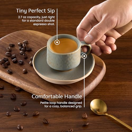 Kook طقم أكواب وصحون إسبريسو من كوك، أكواب وأطباق خزفية بشكل عضوي ريفي وملمس ريش، آمنة في غسالة الصحون والميكروويف، 2.7 أونصة، طقم من 4، ألوان محايدة متعددة - Image 2
