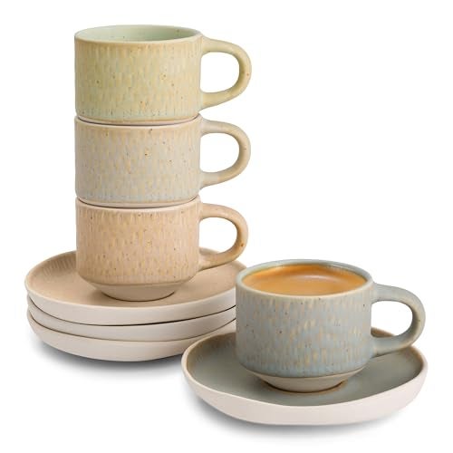 Kook طقم أكواب وصحون إسبريسو من كوك، أكواب وأطباق خزفية بشكل عضوي ريفي وملمس ريش، آمنة في غسالة الصحون والميكروويف، 2.7 أونصة، طقم من 4، ألوان محايدة متعددة - Image 1