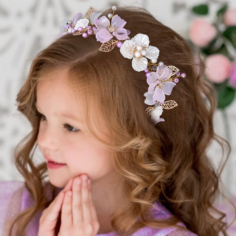 Campsis Campsis LED Flower Girl Headpiece Purple Floral Crystal Light up Headband Leaf Bridal Wedding Hair Accessories for Girls