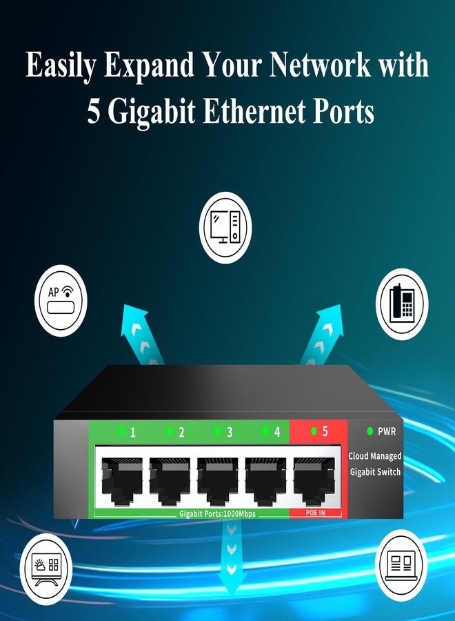 STEAMEMO 5 Port Gigabit Switch, Easy Smart Managed Ethernet Switch, Desktop or Wall Mount, Vlan, Ethernet Splitter, Network Hub, Sturdy Metal - Image 5