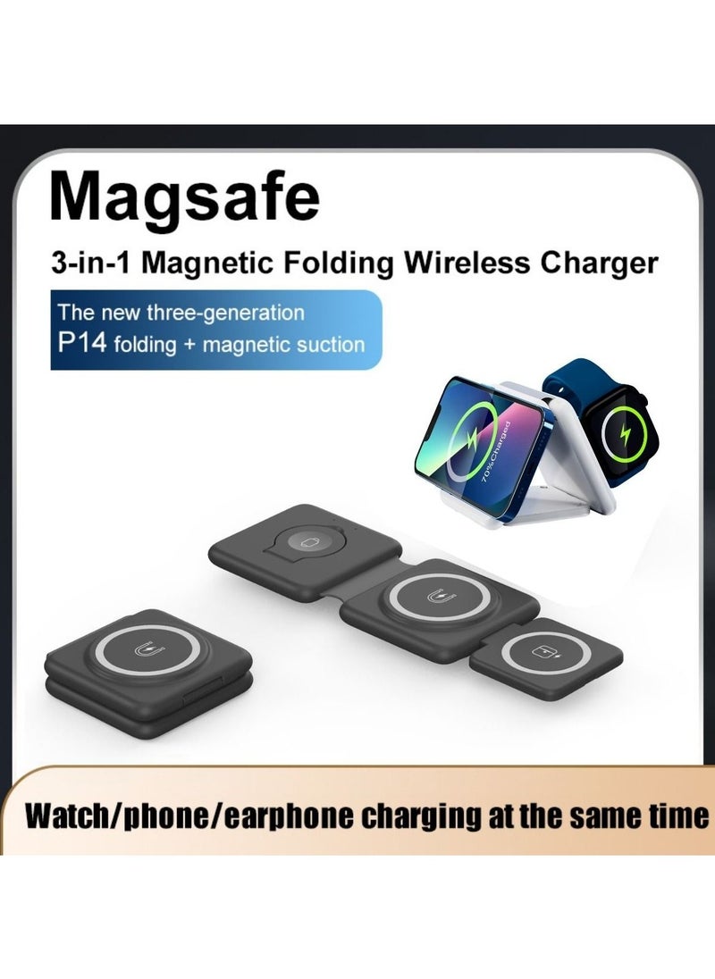 Generic - Charging Station for Apple Multiple Devices - 3 in 1 Magnetic Foldable Wireless Charger Dock - Travel Charging Pad for iPhone 14 13 12 Pro Max Plus Watch & Airpods(Black) - Image 1