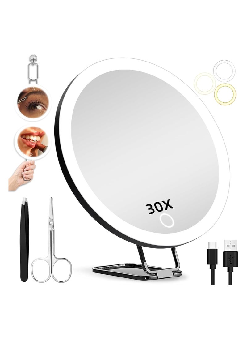 YQbest - 30X Magnifying Mirror with Lights, Large 6'' Makeup Magnifying Mirror, 30x Magnification High Magnifying Mirror, 30x Travel Magnifying Mirror with 3 Color Lights, 3 Suction Cups & Adjustable Stand - Image 1