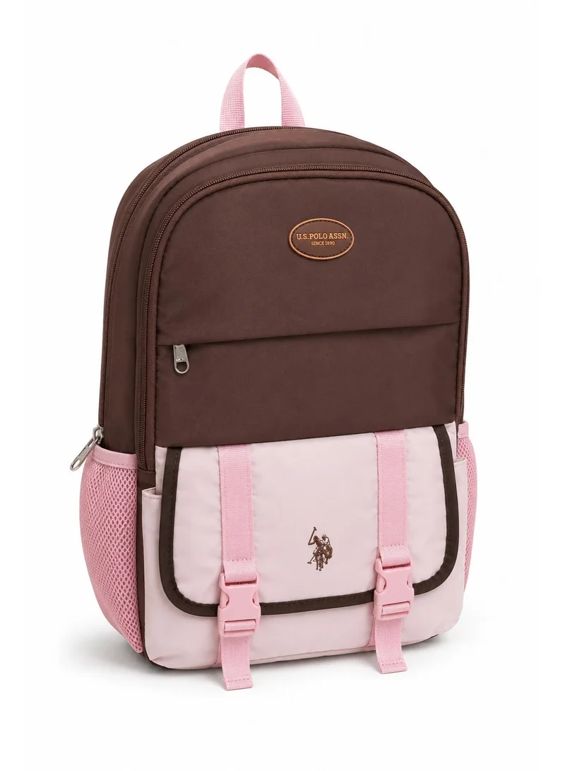 U.S. Polo Assn. U.S. Polo Assn. Classic Chocolate Blush Heritage Buckle Backpack for School and Office MultiCompartment Bag for Campus
