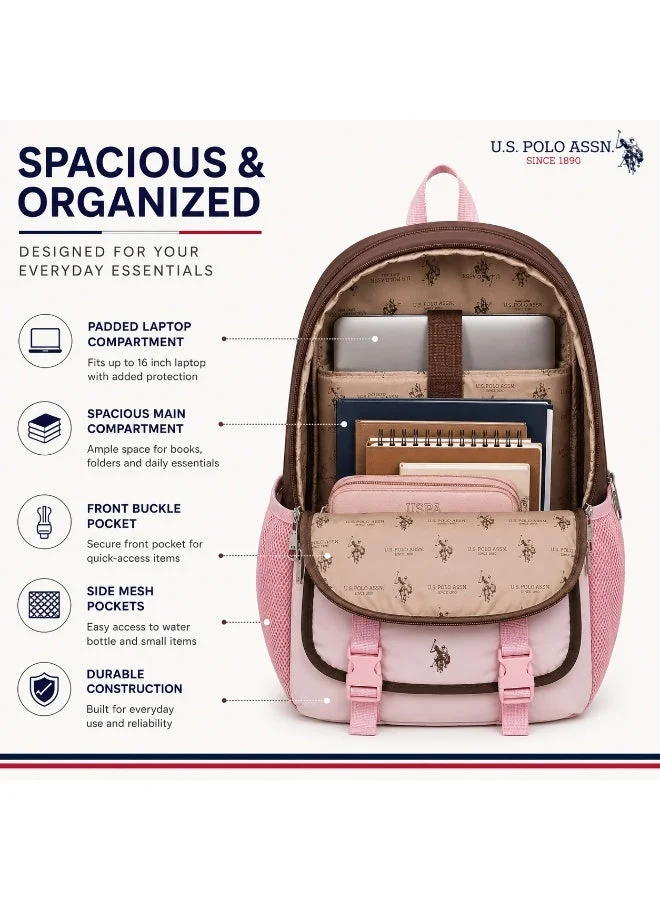 U.S. Polo Assn. U.S. Polo Assn. Classic Chocolate Blush Heritage Buckle Backpack for School and Office MultiCompartment Bag for Campus